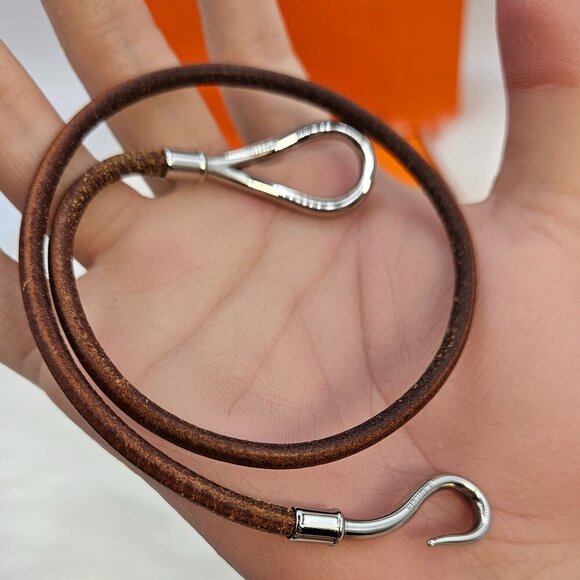 Hermès Brown Leather Silver-Tone Hook Bracelet - Picture 5 of 14